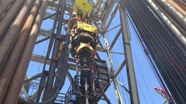 Upward View of Derrick, Top Drive System (TDS), Jack-Up Rig Mast Structure and Fingerboard Layout