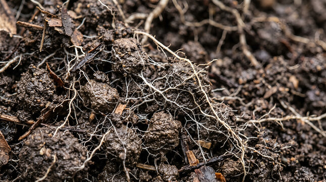 Detailed living soil texture with fungal activity and organic matter for agriculture, sustainability, environmental education and ESG communication.