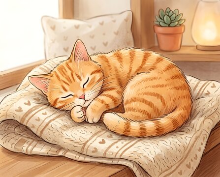 Cute Watercolor Illustration of a Cozy Ginger Kitten Napping Indoors
