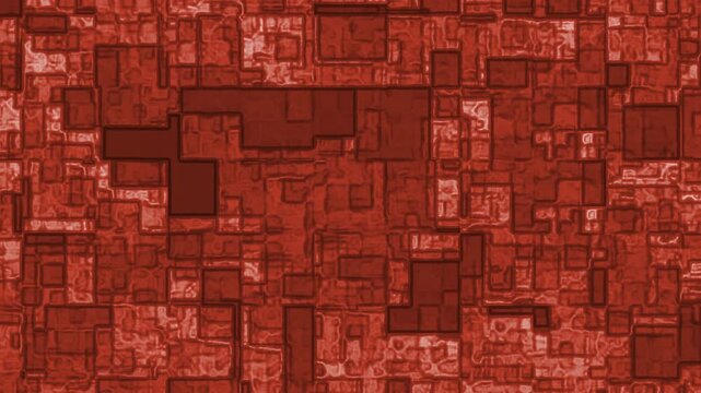 Abstract digital circuit board pattern with red and dark red geometric shapes and textured surface, seamless loop motion background for technology and data visualization concepts