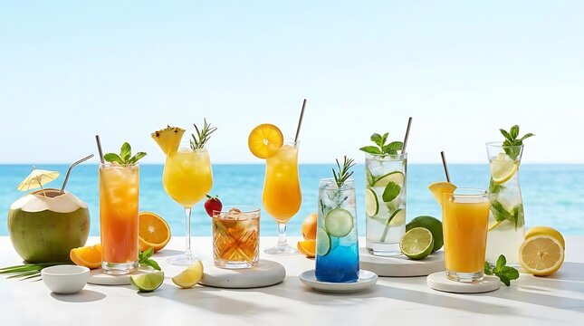 A refreshing collection of ocean-themed drinks displayed on a white table against a bright tropical sea background for summer party and vacation vibes