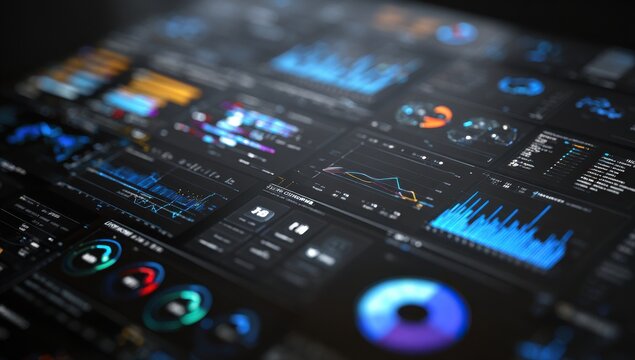 Futuristic digital dashboard interface with financial data visualization analytics and glowing neon blue charts dashboard analytics business interface technology information statistics
