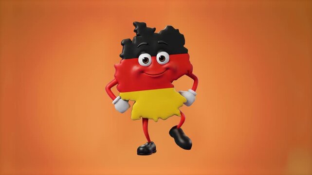 Cute 3D cartoon character shaped like the map of Germany with German flag colors standing isolated on a background. Great for German culture promos, tourism videos, travel guides, national holiday adv