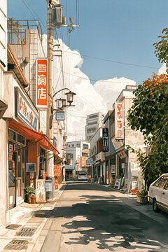 軒先の日よけと看板が並ぶ小さな商店街