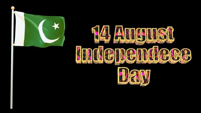 14 august Happy Pakistan Independence Day 3d text glow texter with flag waving alpha transparent background.
