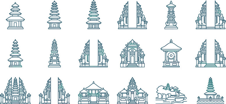 Traditional Bali temple landmarks and architectural elements set with linear gate shrine and split gateway vector outline illustration