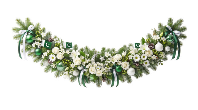 Elegant Pakistan Independence Day festive floral garland with white flowers green ornaments crescent moon national flags isolated on white background