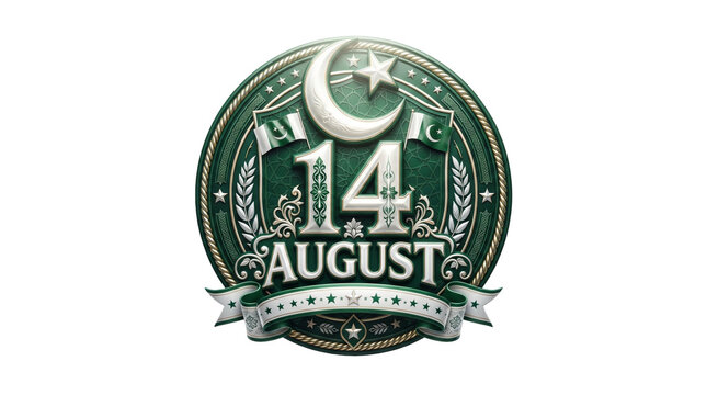 Pakistan Independence Day 14 August commemorative emblem featuring crescent moon star national flags ornate decorative badge isolated on white background
