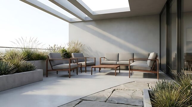 Minimalist modern outdoor lounge set featuring durable rust-proof terrace furniture on a sunlit balcony with concrete planters and natural landscaping