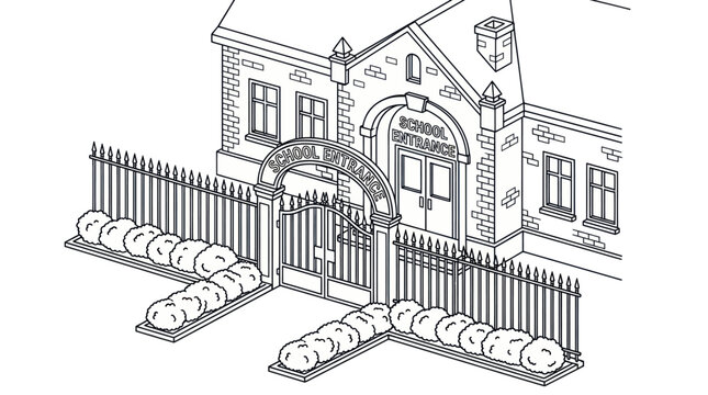 Elementary school building and entrance gate coloring page illustration.