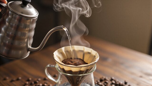 Steam rises as hot water pours over coffee grounds in a pour-over brew.