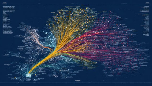 Abstract data visualization network representing complex connections and growth patterns on a dark blue background with visualization connections abstract structure information research