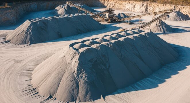 Vast Sand Stockpiles in a Mining Quarry with Conveyor Systems