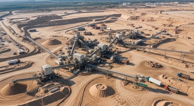 Vast Sand Mining Operation with Heavy Machinery and Processing Plant in Industrial Landscape