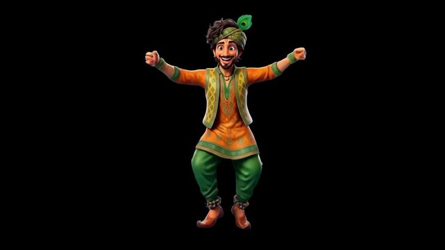 A lively 3D cartoon Indian man in colorful traditional clothing is dancing with arms open on a dark backdrop. Perfect for high-contrast video editing, cultural promos, and music videos.