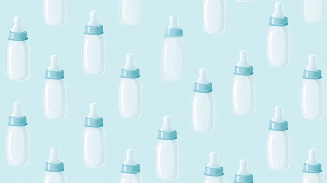 Seamless pattern featuring baby milk bottles for nursery decor and newborn projects.