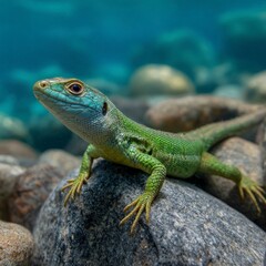 Fototapeta premium A close-up side profile of a vibrant green lizard perched on a smooth river stone, set against a blurred, deep teal aquatic background.