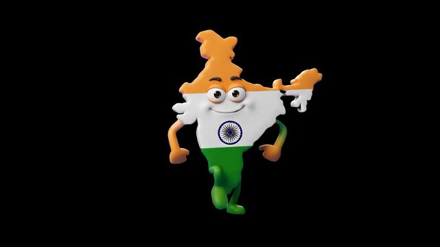 A detailed 3D model of the India map shape as a cheerful animated character with the tricolor Indian flag pattern walking, set against a solid dark black studio backdrop. Great for Indian national hol