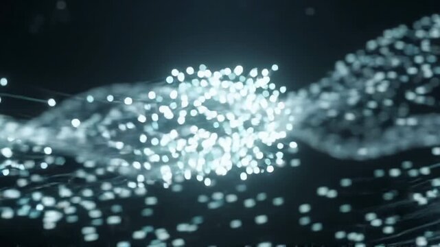Overlay video transition, Abstract glowing blue digital particles forming dynamic flowing wave patterns against a dark background representing data streams and technology connectivity.