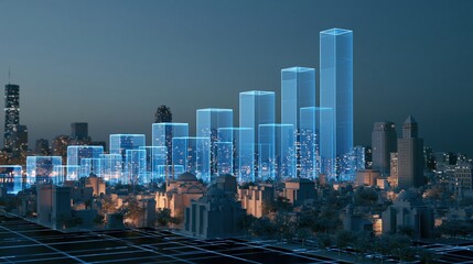 Fototapeta premium Elevated view of translucent blue bar columns of increasing height on a dark plane on a clean minimal background with space for text