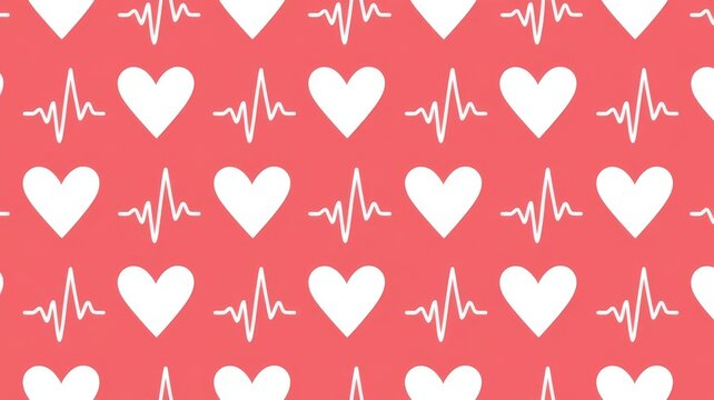 Seamless pattern featuring white heart icons and electrocardiogram ekg lines on red background for medical and romantic designs.