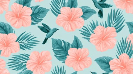 Fototapeta premium Seamless tropical pattern with pink hibiscus flowers and hummingbirds exotic floral wallpaper featuring pink hibiscus and tropical birds pattern.