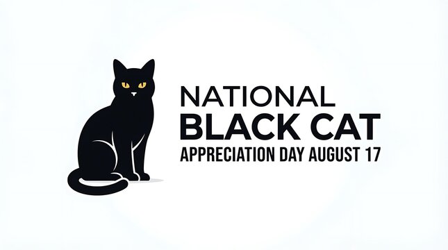 National Black Cat Appreciation Day banner, black cat illustration with August 17 text, minimalist feline holiday poster on white background