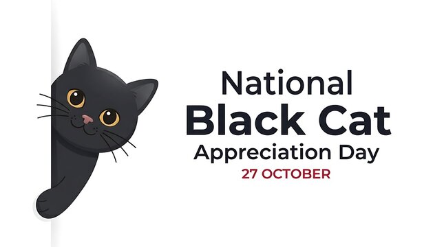 National Black Cat Appreciation Day banner, cute peeking black kitten illustration, October 27 holiday greeting card with copy space