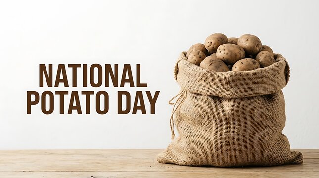 National Potato Day greeting card, rustic burlap sack filled with raw potatoes on wooden table, organic farm harvest concept for food marketing