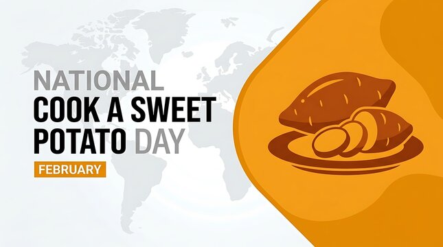 National Cook a Sweet Potato Day banner, February food holiday celebration graphic, sweet potato illustration with world map background