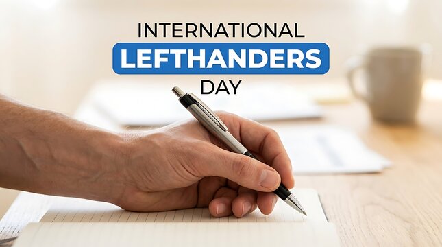 International Lefthanders Day concept, left handed person writing in notebook with pen, southpaw student taking notes at office desk