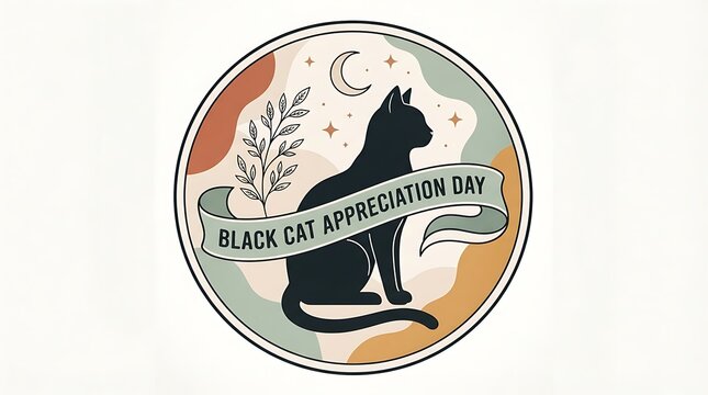 Black Cat Appreciation Day vintage badge, mystical feline silhouette with moon and stars, retro boho animal illustration for social media and greeting cards