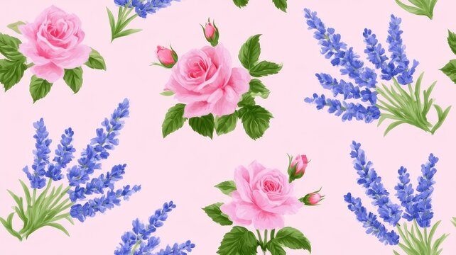 Seamless floral pattern with pink rose flowers and purple lavender sprigs on soft pastel background for romantic spring designs.