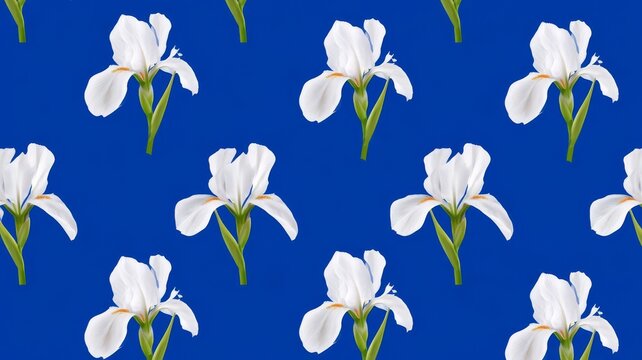 Seamless repeating pattern featuring beautiful white iris flowers set against a vibrant royal blue background illustration.