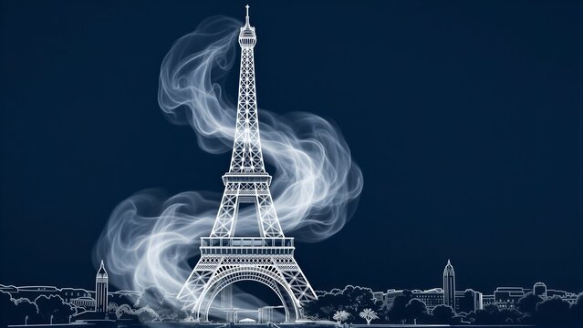 Eiffel Tower glowing white against dark blue sky with swirling mist.
