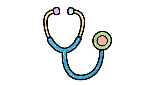 Hand-drawn illustration of a stethoscope with a blue tube and pink earpieces on a white background