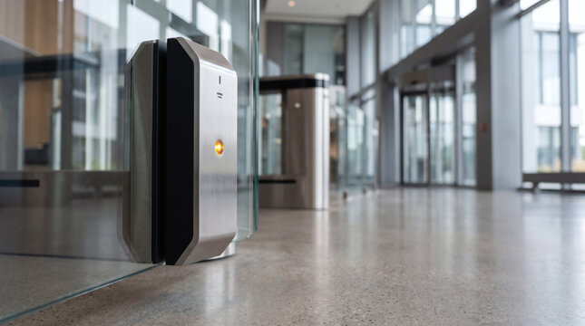 Modern security card reader on glass door in corporate office lobby