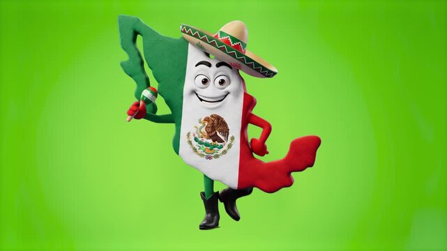 A fun 3D animated character representing the map of Mexico with its national flag and a sombrero, isolated on a green screen key. Perfect for visual effects compositing in geography and travel videos.