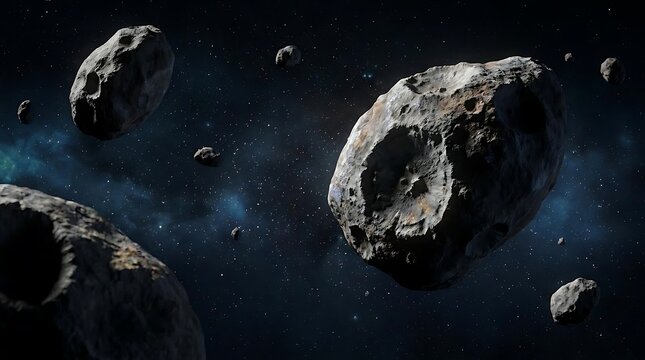 A detailed 3d render of an asteroid belt showing large craters on rocky asteroids floating through the deep dark expanse of outer space with stars