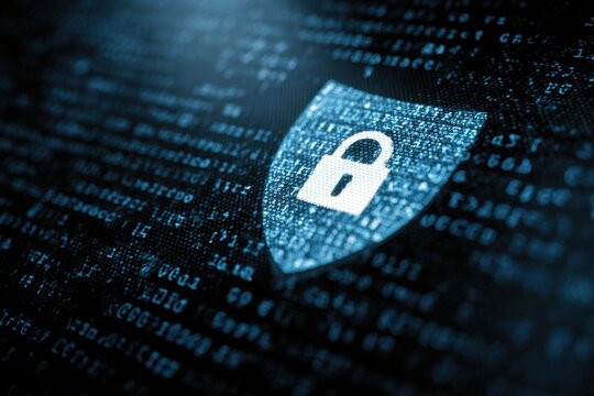 Cybersecurity padlock shield icon rendered with glowing blue light against a background of scrolling binary data characters security protection technology encryption internet abstract