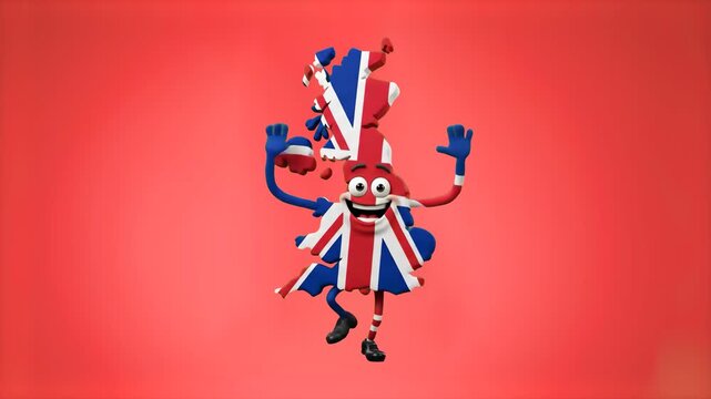 A detailed 3D model of the United Kingdom map shape as a cheerful animated character with the Union Jack flag pattern, waving both hands, set against a pink-red studio backdrop. Great for UK patriotis