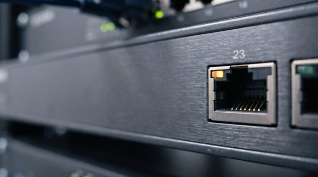 Close up of an ethernet port on a network switch in a data center