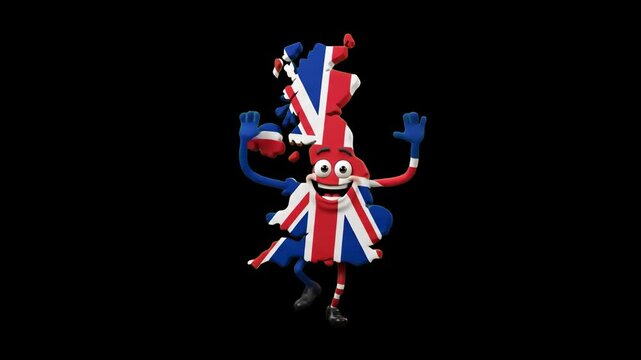 A cheerful 3D cartoon character formed in the shape of the UK map textured with the Union Jack flag on a black background. Perfect for British cultural projects, English learning content, and children