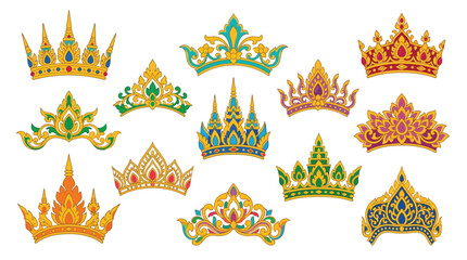 Collection of ornate and decorative crowns and tiaras in various styles and colors, symbolizing royalty and luxury. © tr