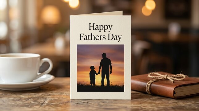 Happy Fathers Day greeting card on wooden table, elegant father and son silhouette card, morning coffee and leather gift in cozy cafe setting