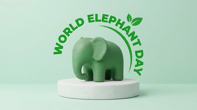 World Elephant Day concept with green elephant figurine on white podium, wildlife conservation awareness banner, eco-friendly animal protection poster