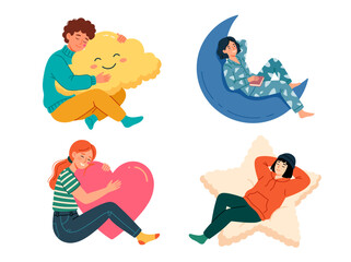 Obraz premium vector Diverse individuals finding comfort and peace through self care and emotional support symbols like hearts and clouds on transparent background