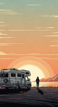 Person watching a golden sunset by a camper van near mountains