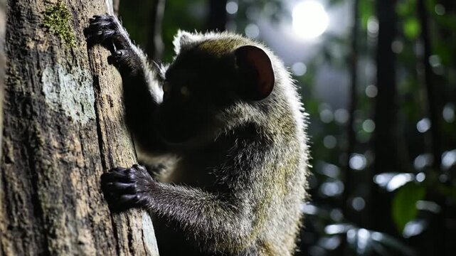 Small Nocturnal Bushbaby Climbing Tree Trunk in Dark Jungle | Cinematic Wildlife Close-up
