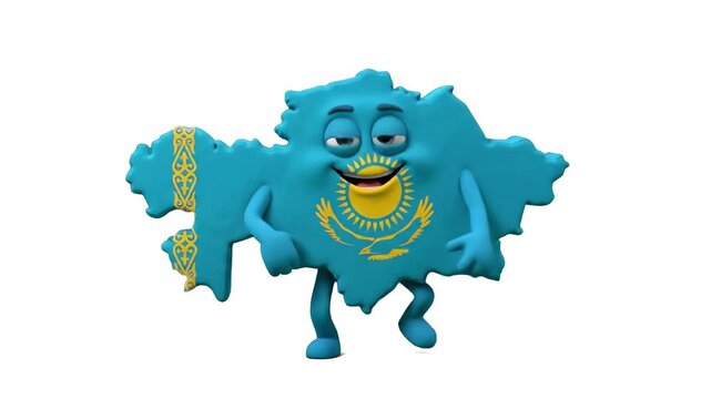 A friendly 3D cartoon map mascot of Kazakhstan wrapped in the national flag design, smiling and dancing isolated on a plain white background. Excellent for geographic projects, cultural promos, travel